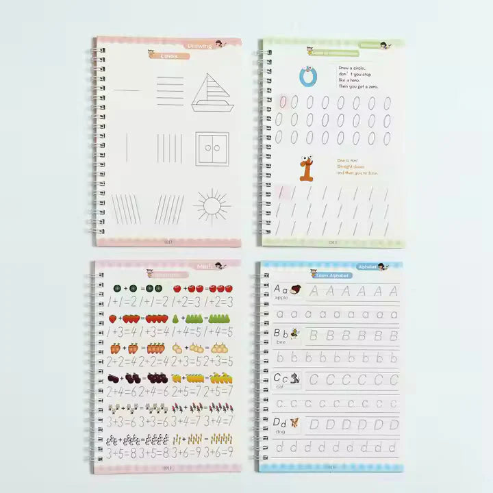 Sank Magic Practice Copybook (4 Books + Magic Pen & 10 Ink Refills) Sank Magic Book for Montessori Children Tracing Handwriting First Preschool Baby Learning Books for Kids