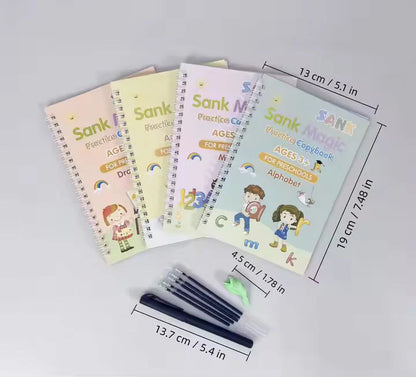 Sank Magic Practice Copybook (4 Books + Magic Pen & 10 Ink Refills) Sank Magic Book for Montessori Children Tracing Handwriting First Preschool Baby Learning Books for Kids