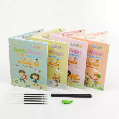 Sank Magic Practice Copybook (4 Books + Magic Pen & 10 Ink Refills) Sank Magic Book for Montessori Children Tracing Handwriting First Preschool Baby Learning Books for Kids